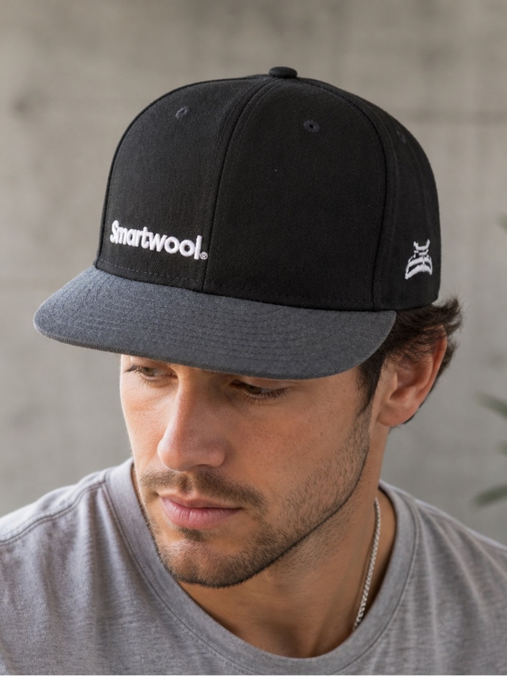 Smartwool Snapback Hat Black Gray Flat Brim Logo Cap Streetwear 5 Panel